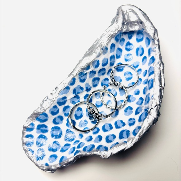 Handmade Jewelry - Handmade Oyster Shell Trinket Dish W/ Blue Leopard Decoupage Design
